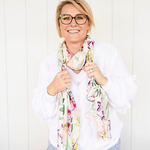 Load image into Gallery viewer, Smiling artist wearing Oatley Bay scarf around her neck
