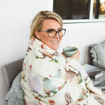 Load image into Gallery viewer, Lady smiling with coffee cup on verandah with waffle blanket around her shoulders to stay warm
