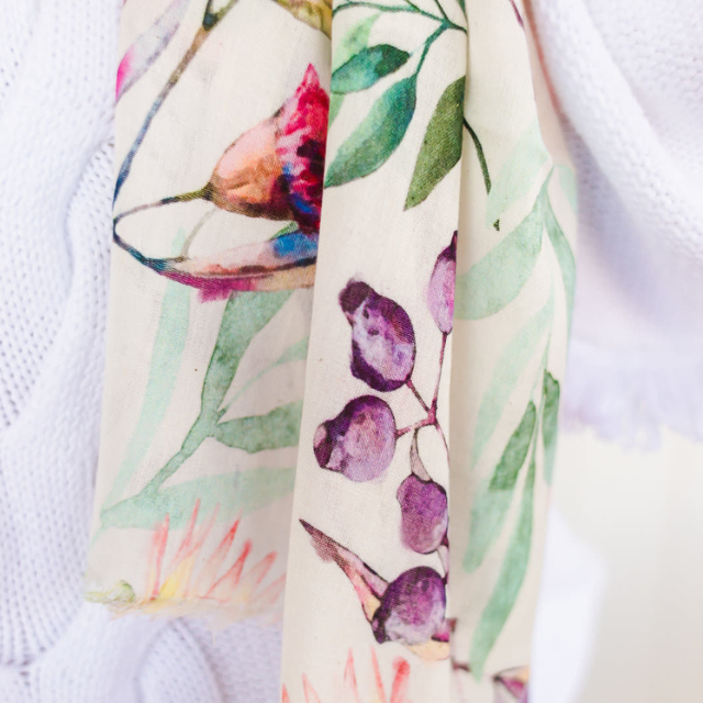 Close up of Oatley bay neck scarf, scarf, outerwear, Australian native plants, Australiana, she-com awards finalist, womens scarf, womens accessories, scarves australia, watercolour scarf, gift