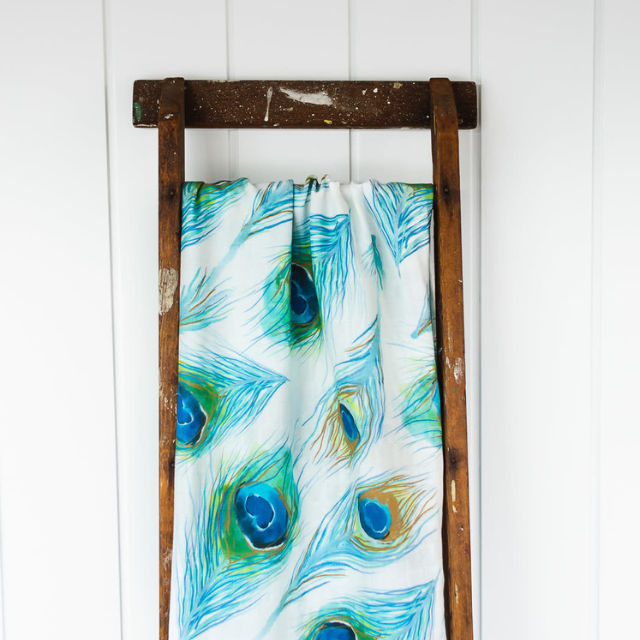 Cotton bamboo blend baby swaddle with peacock design