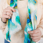 Load image into Gallery viewer, Close up of peacock feathers printed on scarf
