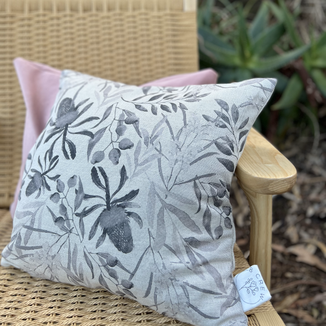 Close up silver linings cushion in grey floral print, cushion cover, cushion, throw pillow, homewares, home decor, gift idea